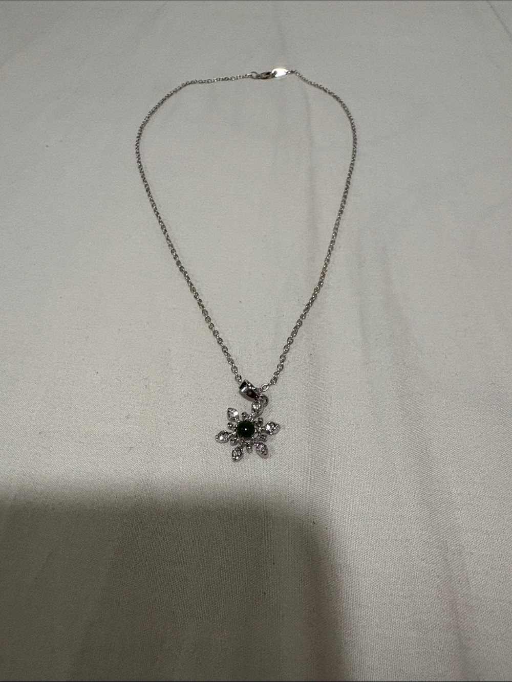 Sterling Silver Flower Pendant Necklace with Green Center